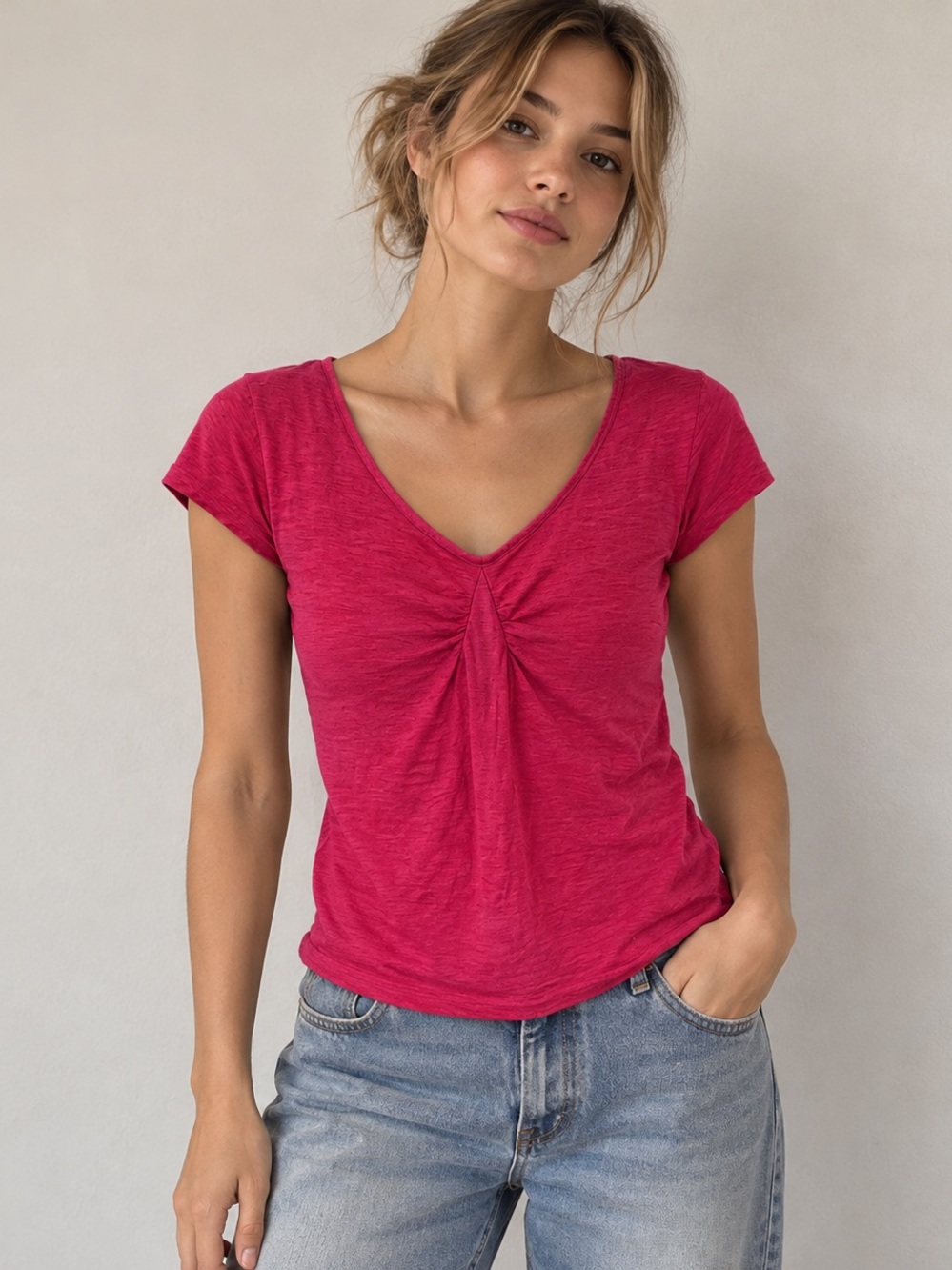 Cut Loose Fuchsia Ruched V-Neck Short Sleeve Top